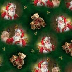 Quilting Treasures - Checking It Twice - Santa And Teddy Bears - Forest Green