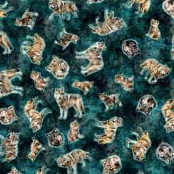 Quilting Treasures - Running With The Pack - Tossed Wolves - Dark Teal