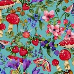 Quilting Treasures - Glorious Garden - Mushrooms And Floral - Turquoise