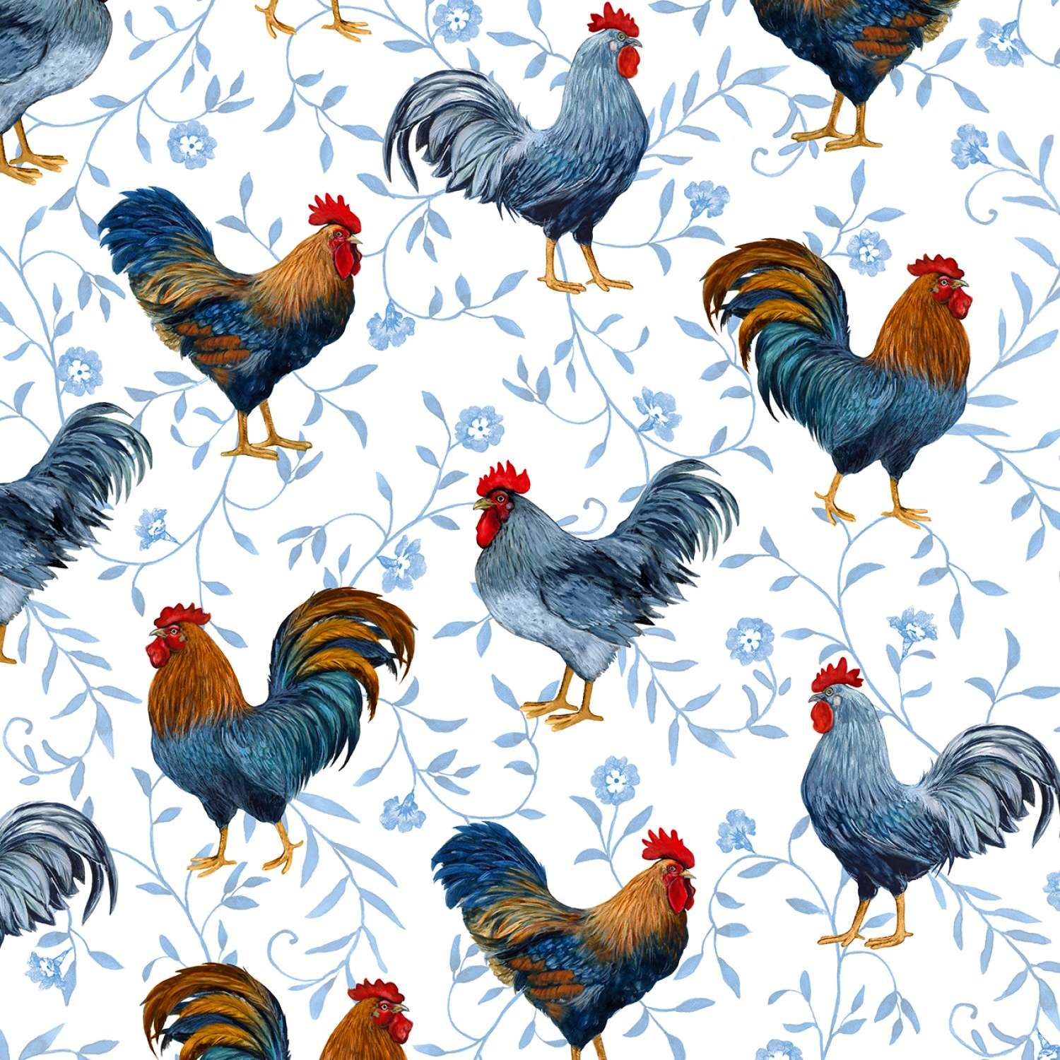 Wilmington Prints - Country Blue - Large Roosters All Over - White