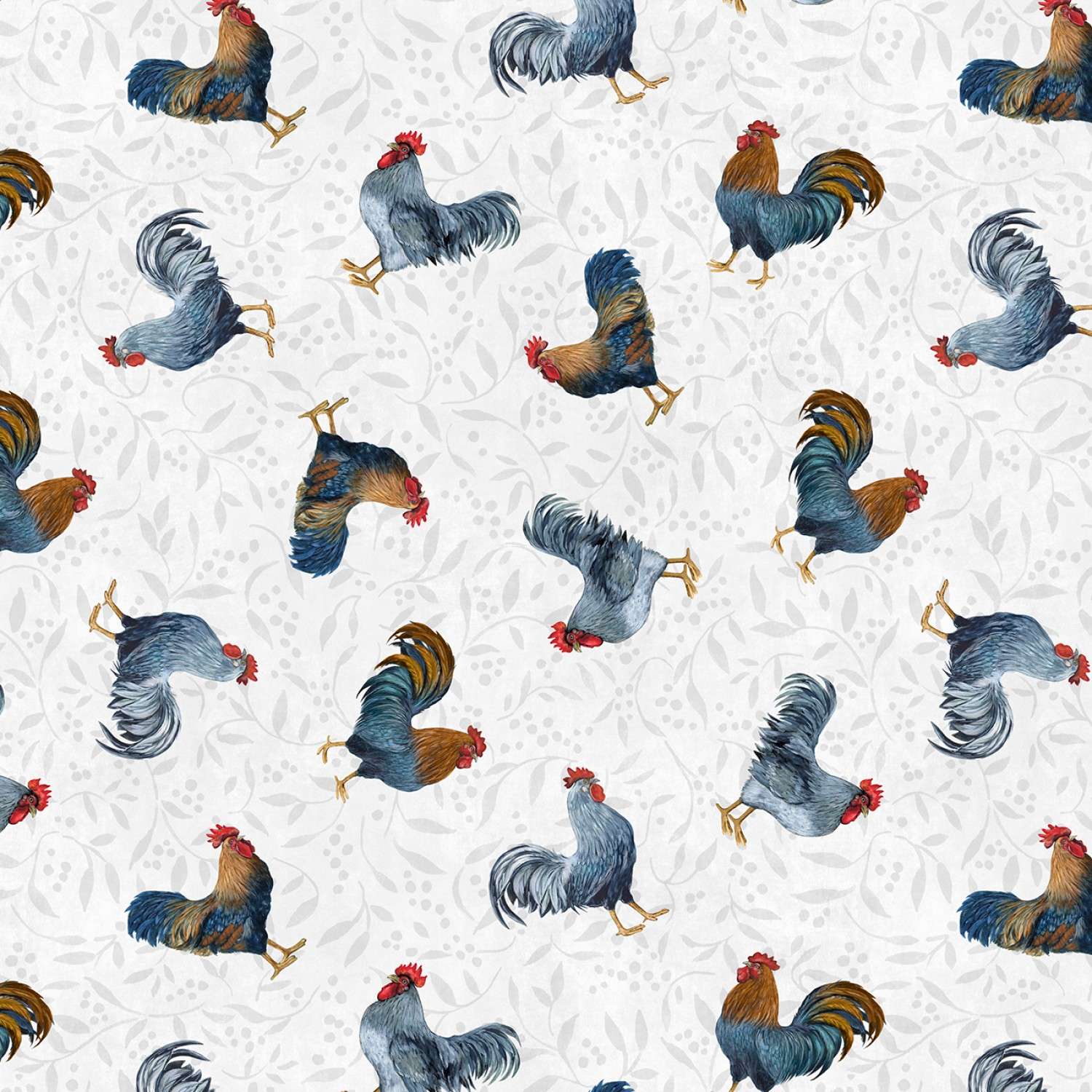 Wilmington Prints - Country Blue - Large Rooster Toss - Light Gray