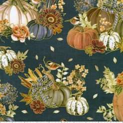 Alternative view of Robert Kaufman - Hello Fall - Pumpkins Birds And Florals W/ Metallic Gold - Denim