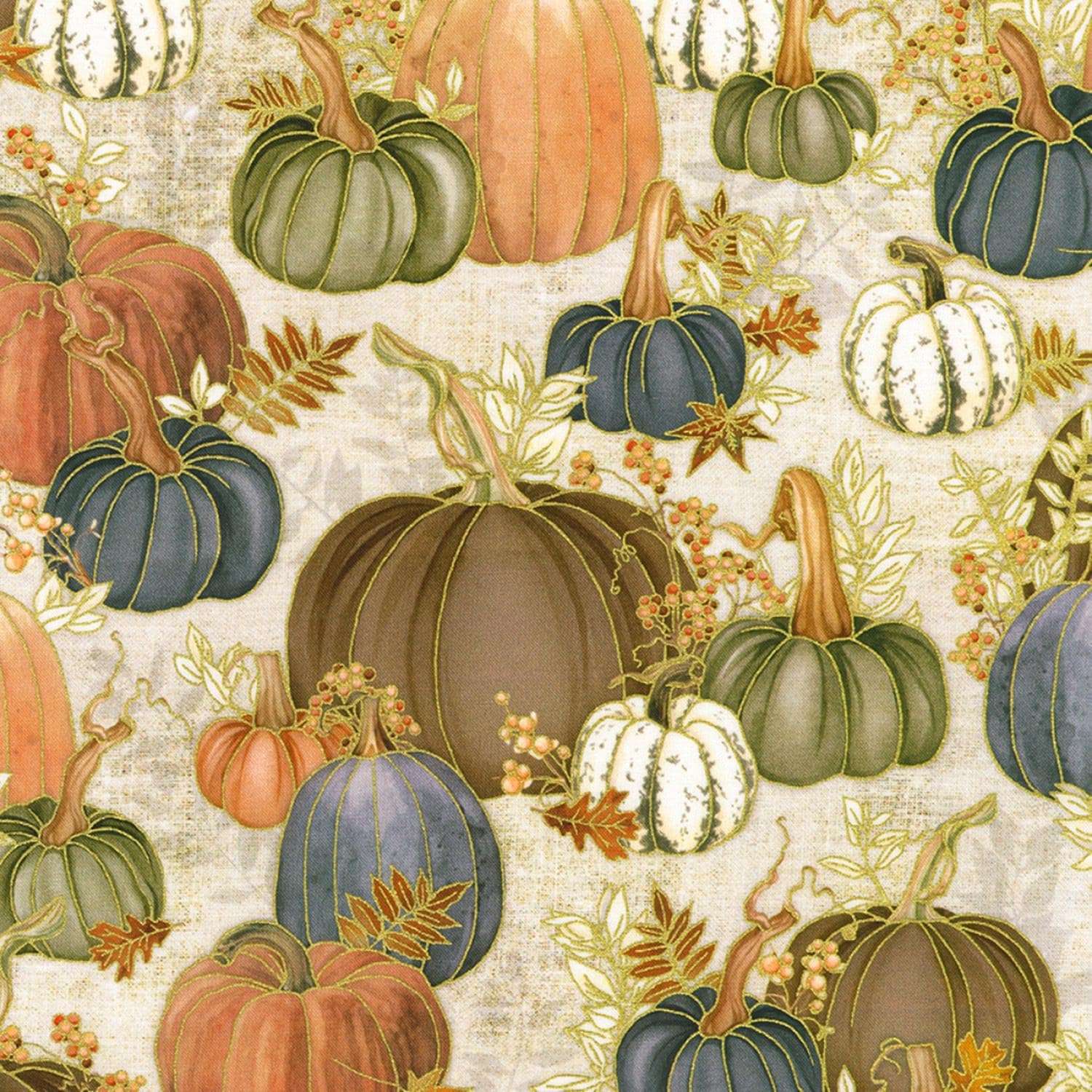 Robert Kaufman - Hello Fall - Pumpkins And Fall Leaves W/ Metallic Gold - Linen