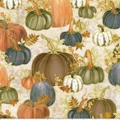Alternative view of Robert Kaufman - Hello Fall - Pumpkins And Fall Leaves W/ Metallic Gold - Linen